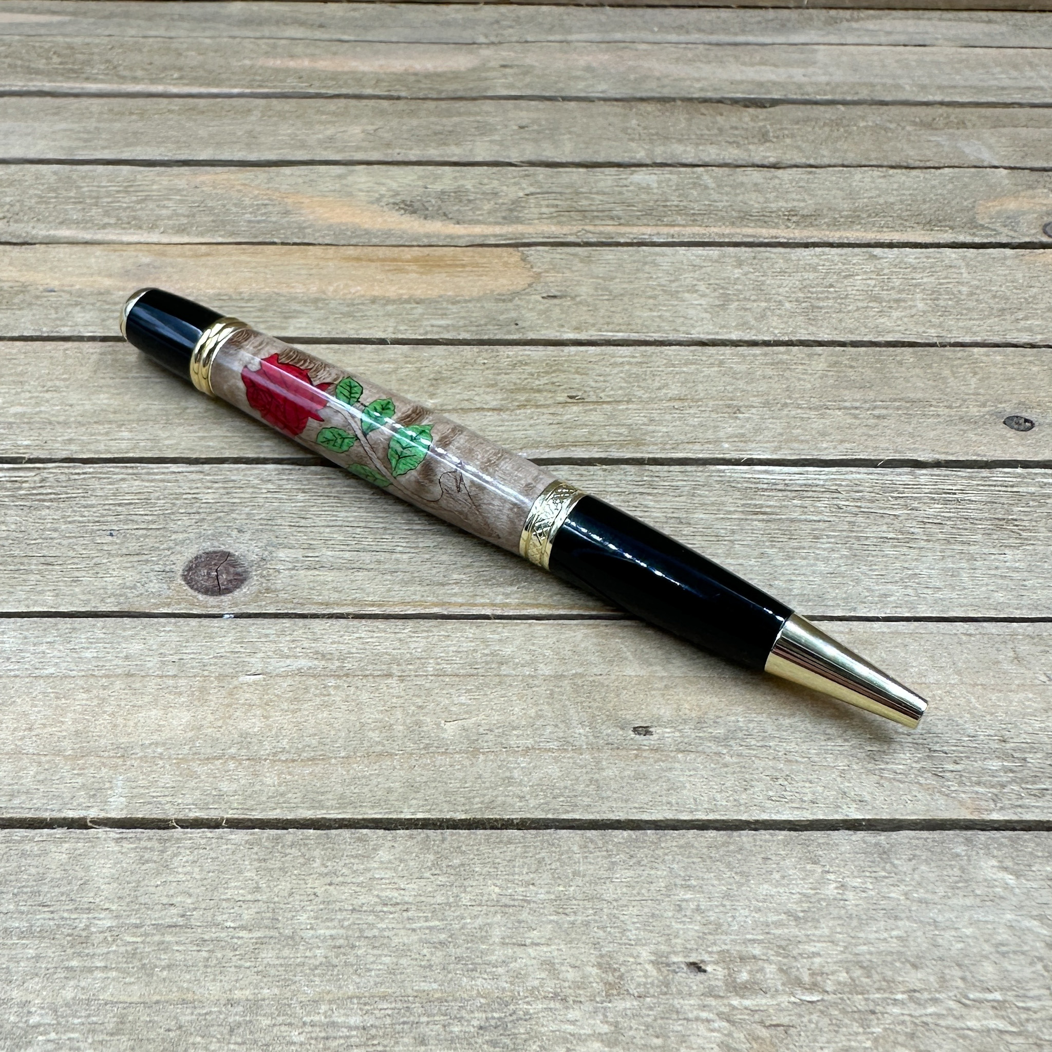Red rose and stem laser inlay wood pen Red rose and stem laser inlay wood pen