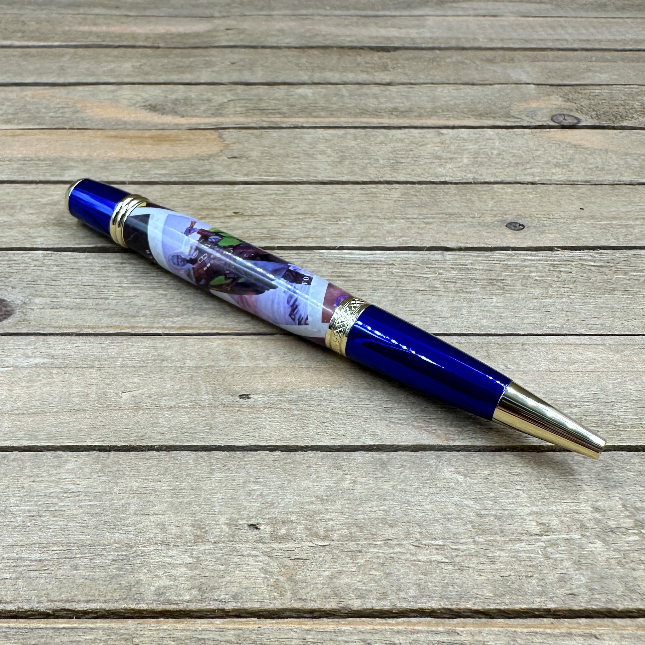 Blue and gold DnD ballpoint pen with DnD Postage Stamps  Blue and gold DnD ballpoint pen with DnD Postage Stamps